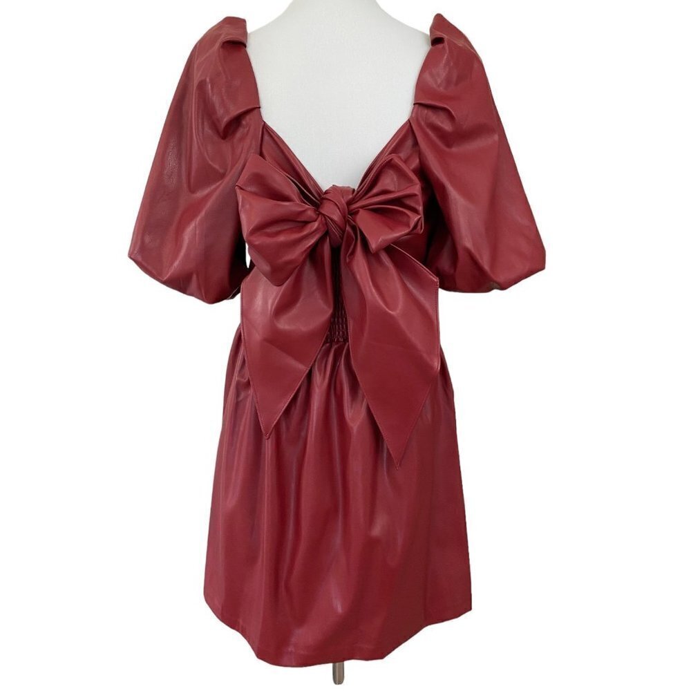 Mare Mare x Anthropologie Red Faux Leather Puff Sleeve Bow Back Dress Medium - Picture 3 of 14
